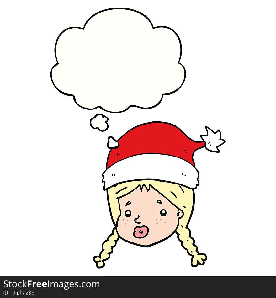 cartoon girl wearing christmas hat with thought bubble