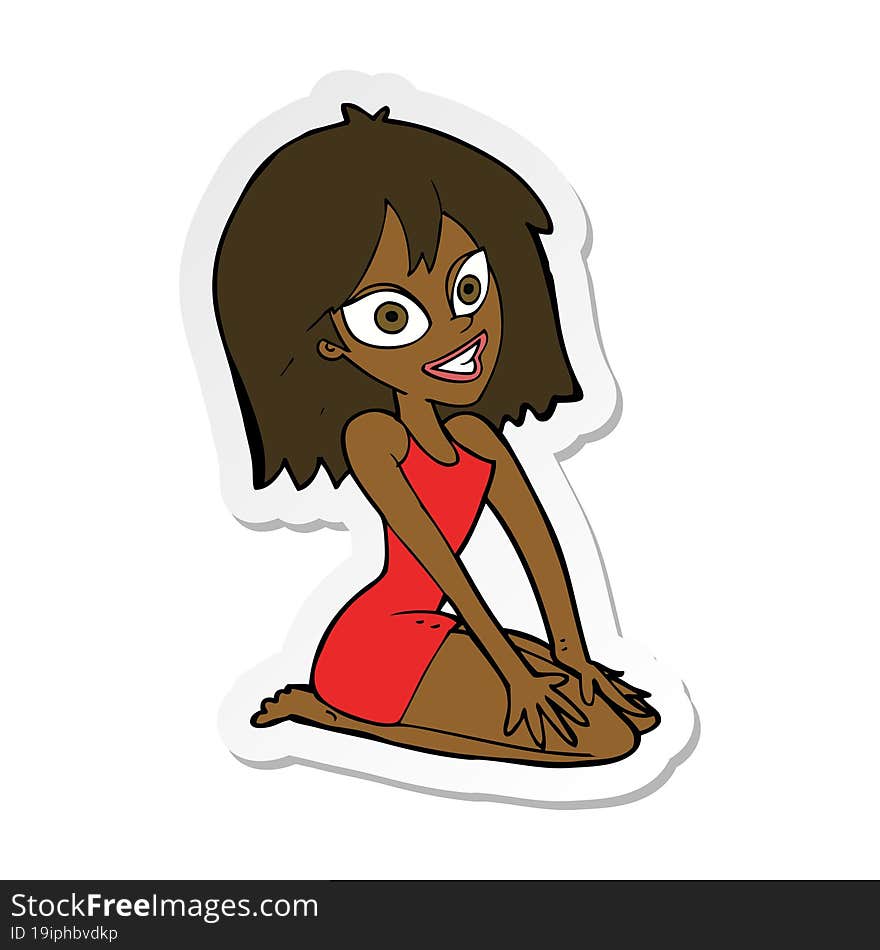 sticker of a cartoon happy woman in dress