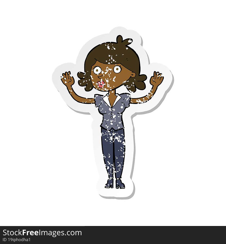 retro distressed sticker of a cartoon woman surrendering