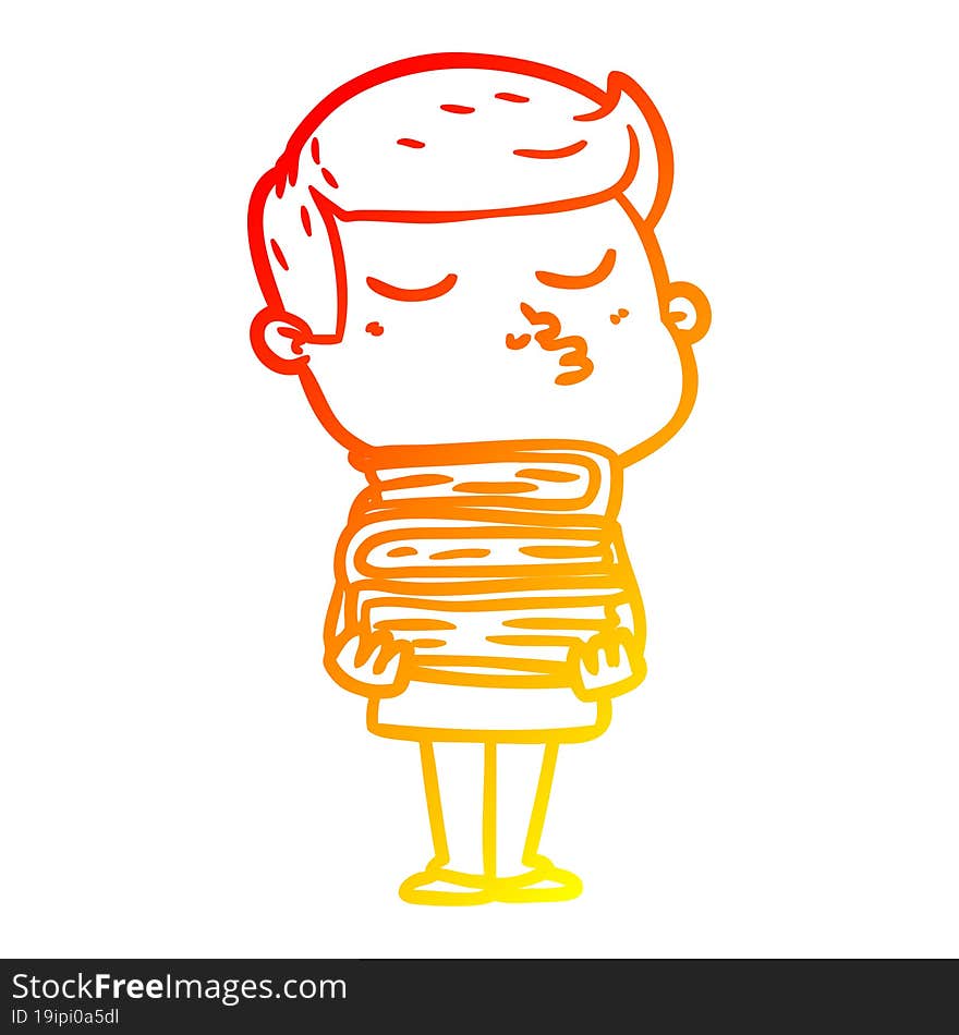 warm gradient line drawing cartoon model guy pouting holding books