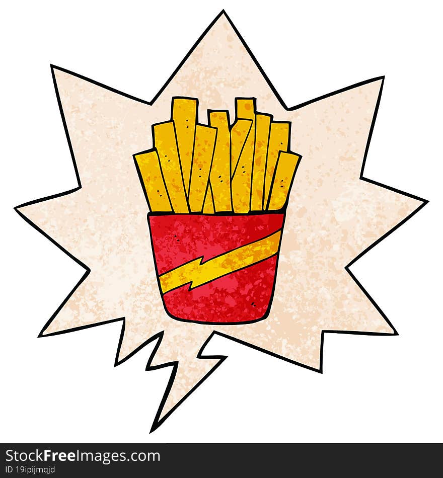 cartoon box of fries and speech bubble in retro texture style