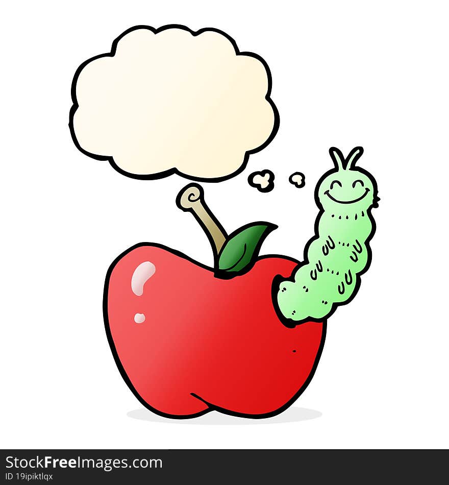 cartoon bug eating apple with thought bubble