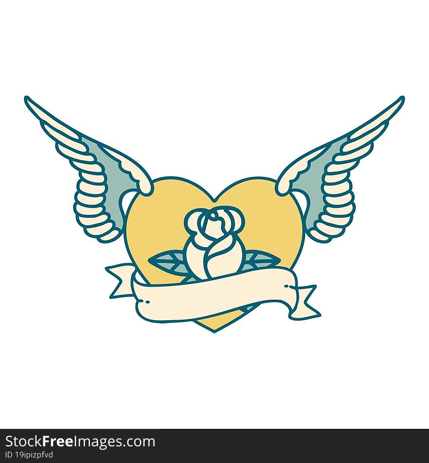 Tattoo Style Icon Of A Flying Heart With Flowers And Banner