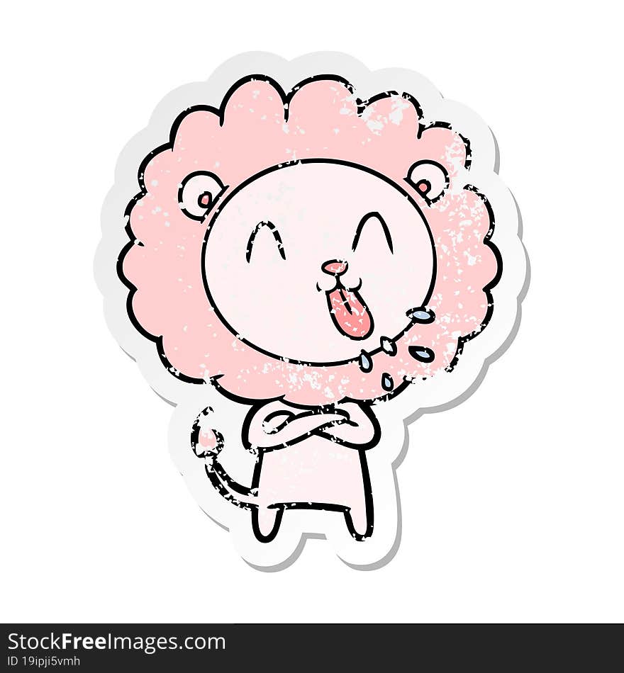 distressed sticker of a happy cartoon lion