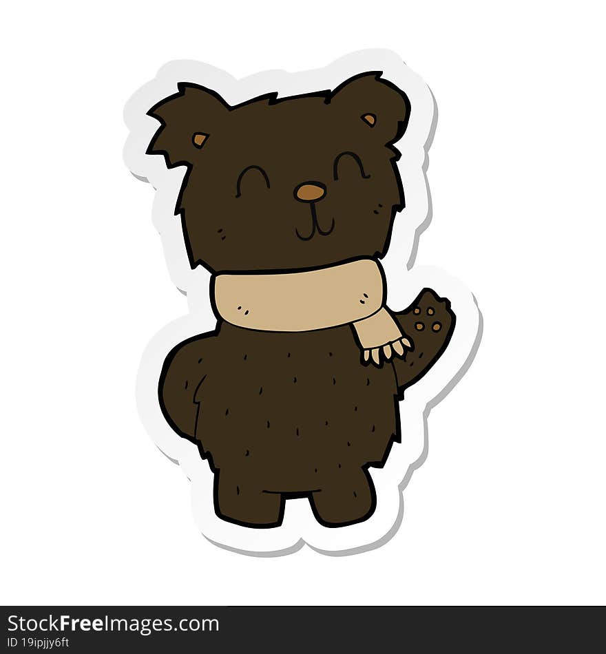 sticker of a cartoon waving black bear