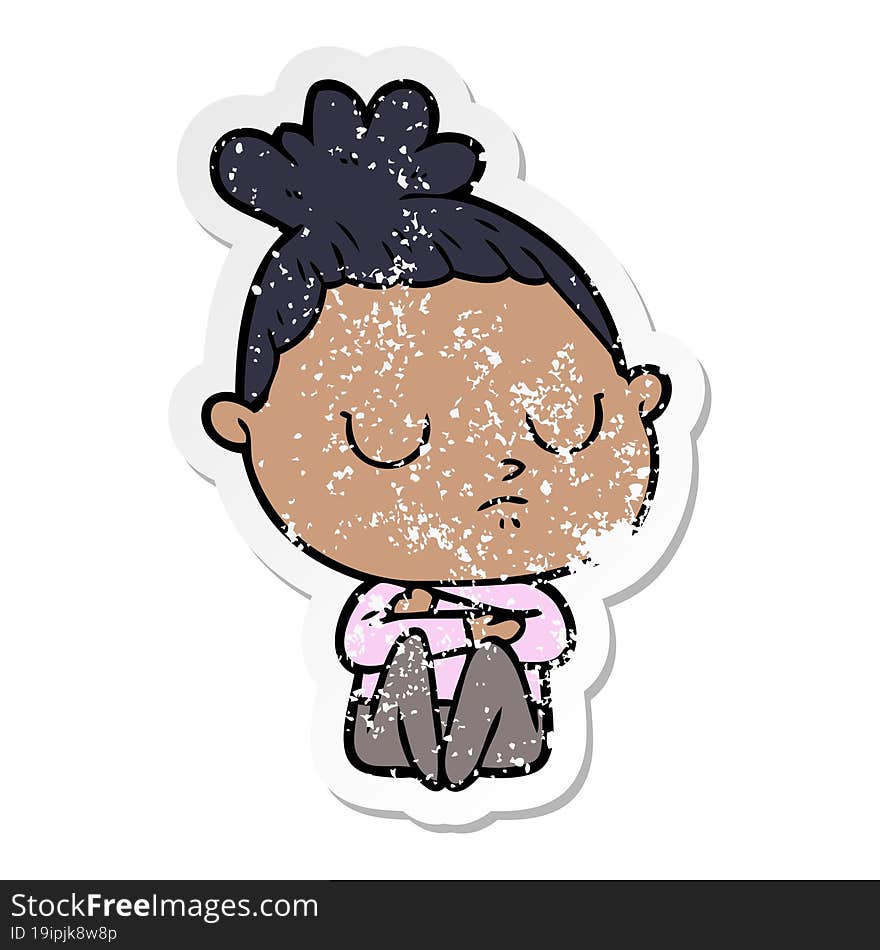 Distressed Sticker Of A Cartoon Calm Woman