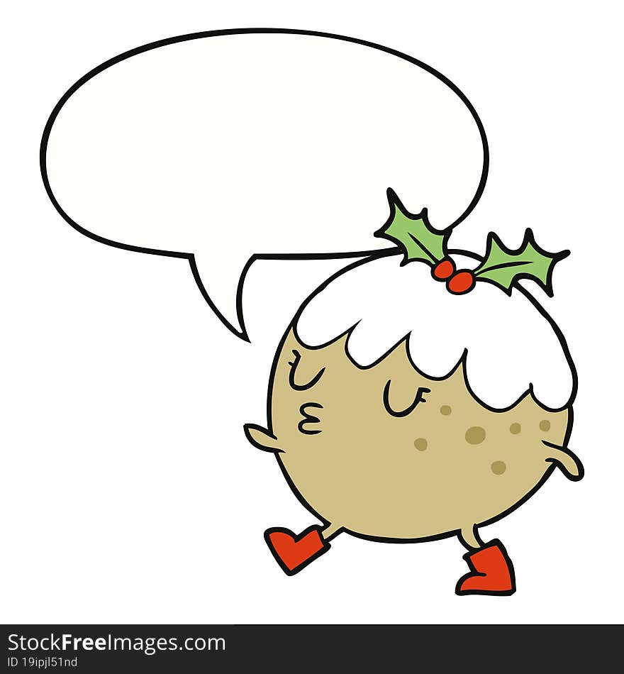 cartoon christmas pudding walking and speech bubble