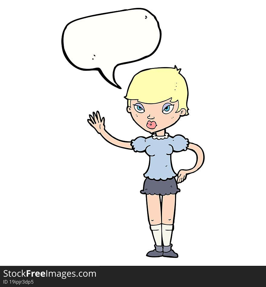 cartoon woman waving with speech bubble