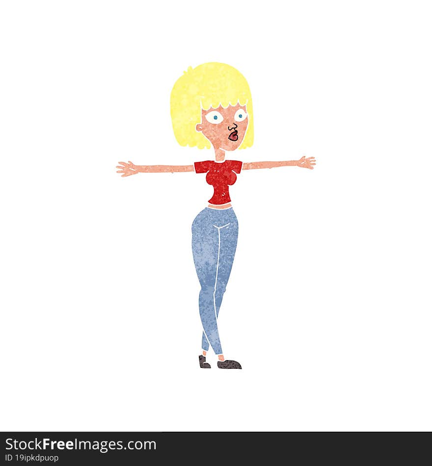 retro cartoon woman spreading arms