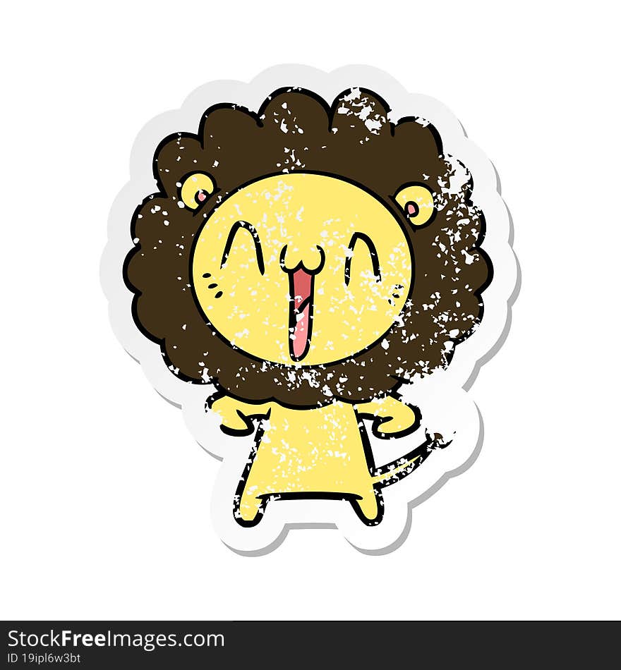 distressed sticker of a happy cartoon lion