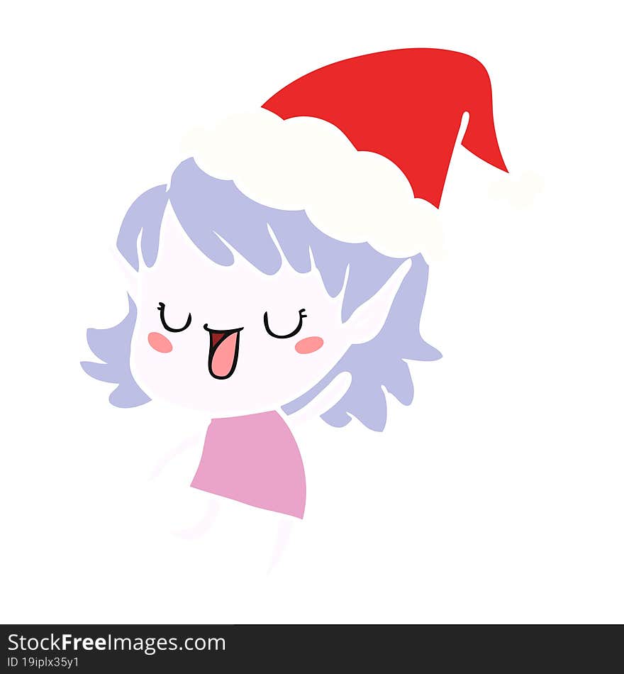 flat color illustration of a elf girl wearing santa hat