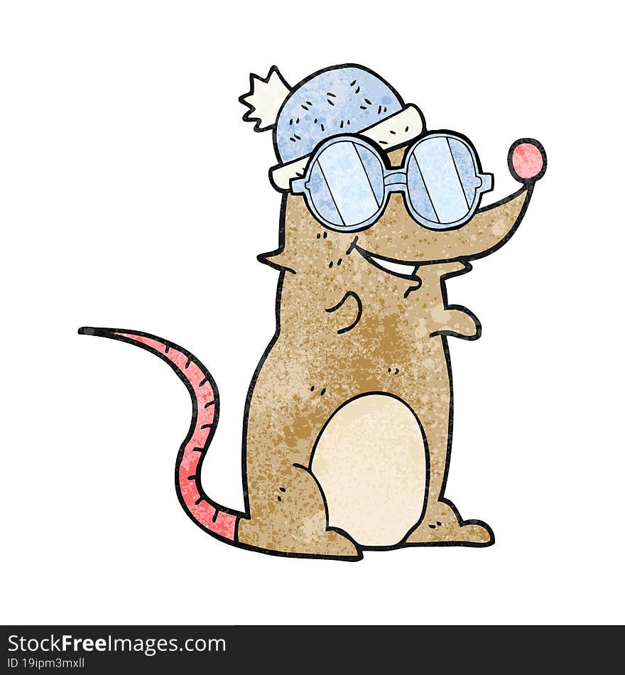 freehand textured cartoon mouse wearing glasses and hat