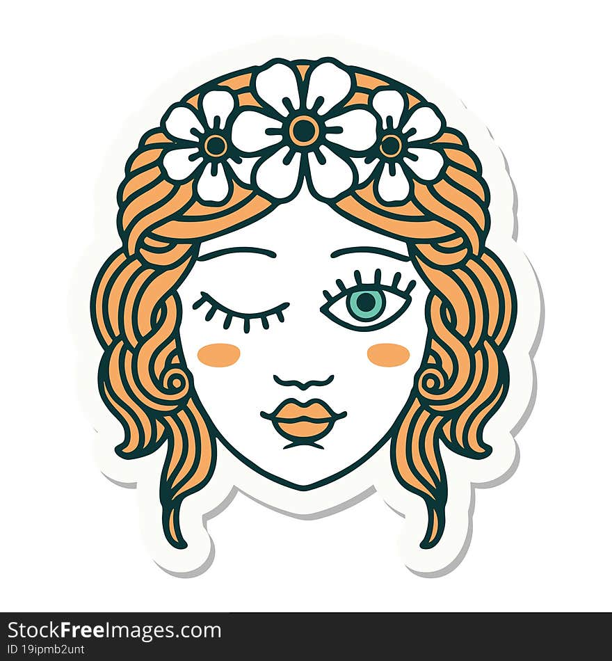 tattoo style sticker of a maidens face winking