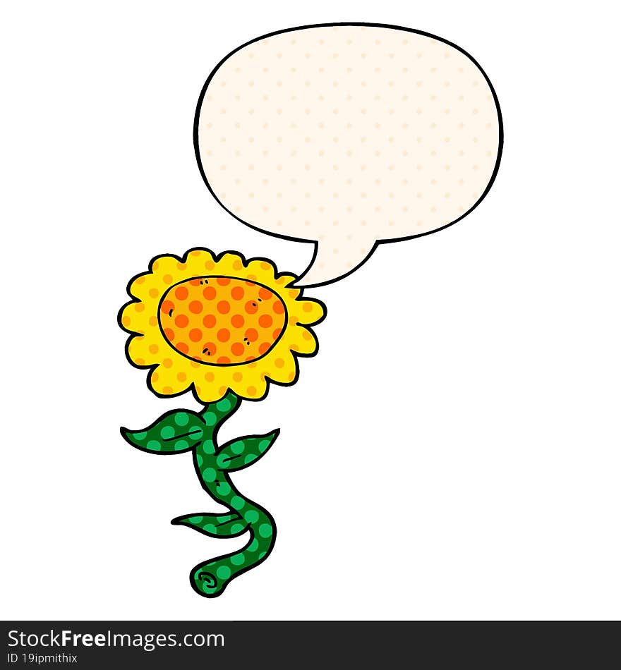 cartoon sunflower and speech bubble in comic book style