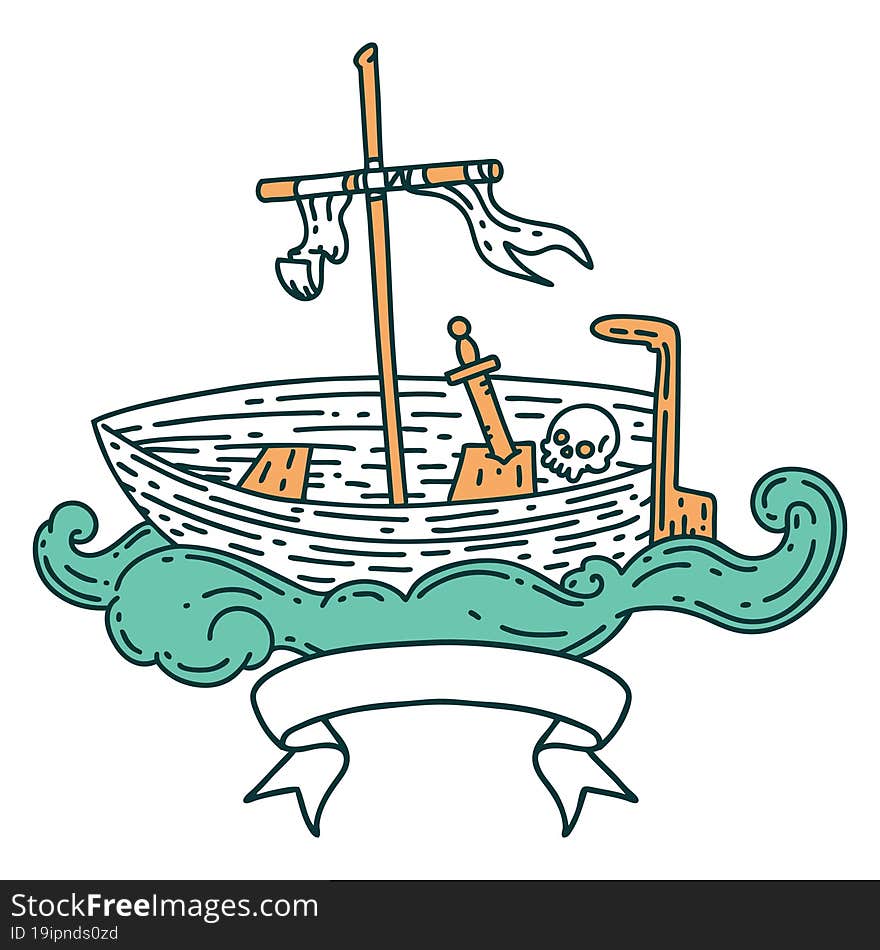 banner with tattoo style empty boat with skull