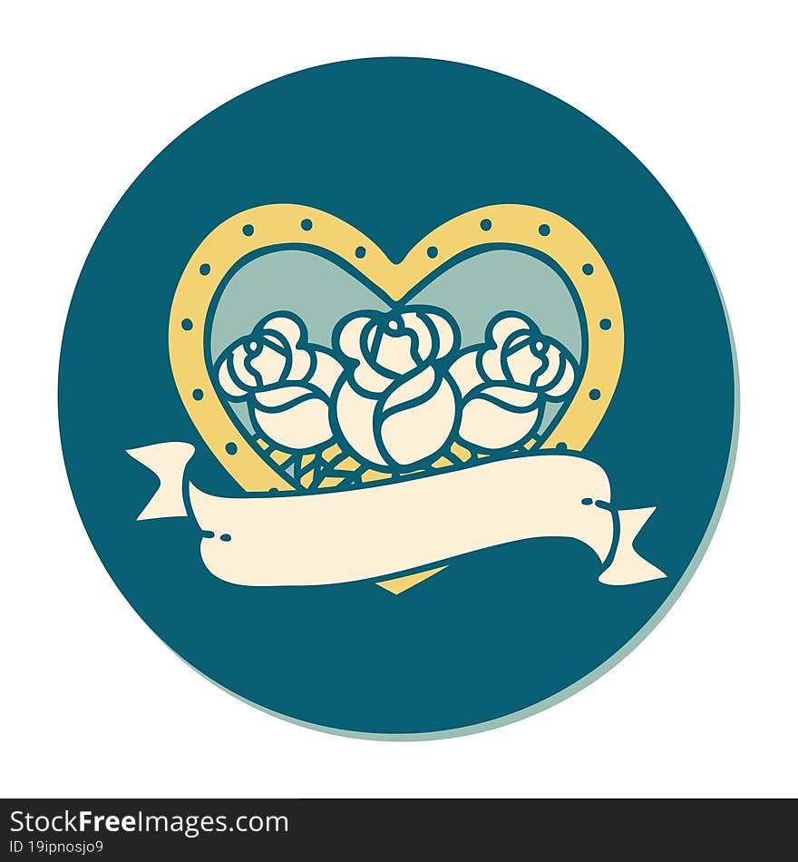 Tattoo Style Sticker Of A Heart And Banner With Flowers