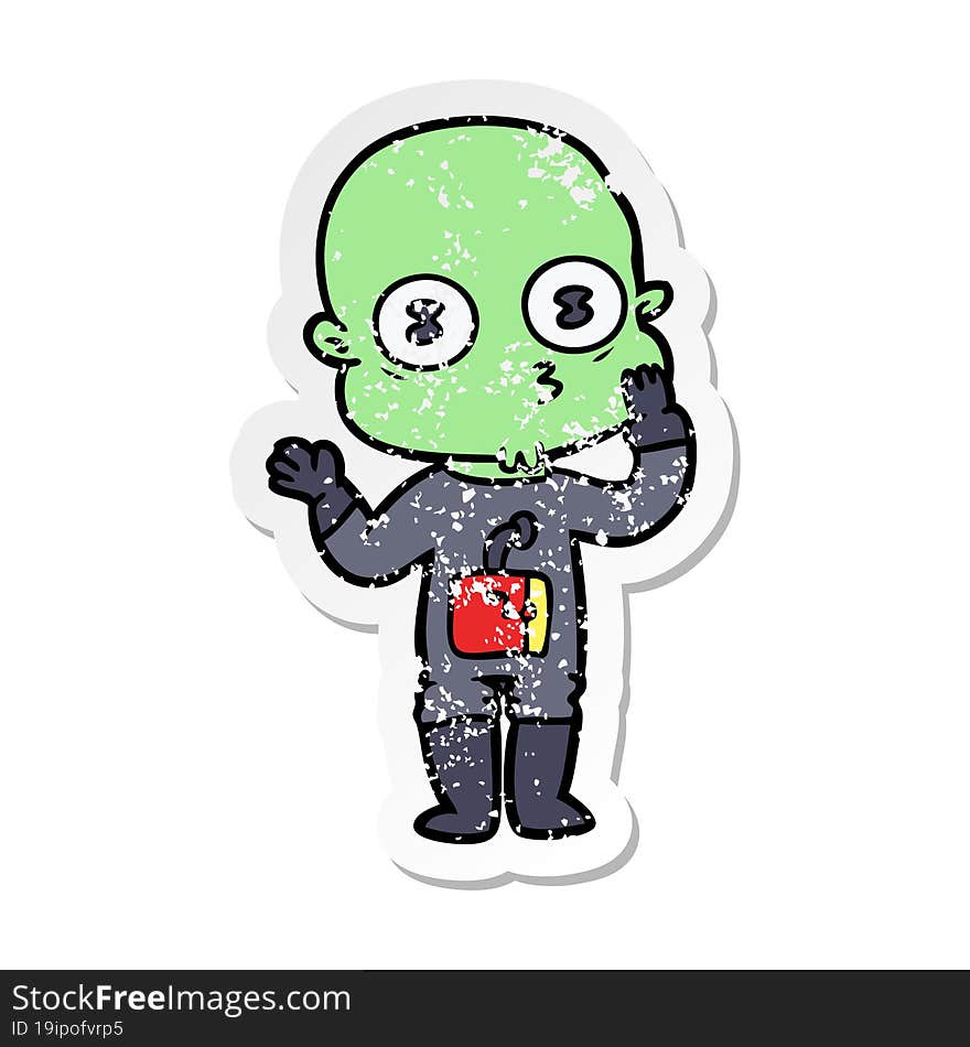 distressed sticker of a cartoon weird bald spaceman