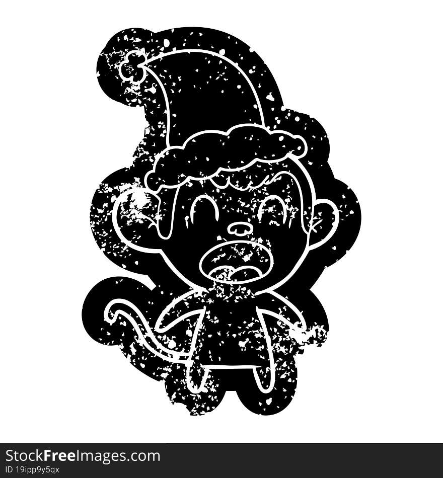 shouting quirky cartoon distressed icon of a monkey wearing santa hat