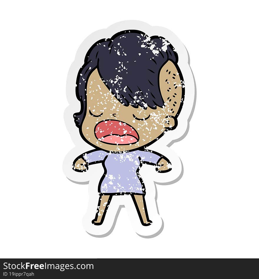 Distressed Sticker Of A Cartoon Cool Hipster Girl Talking