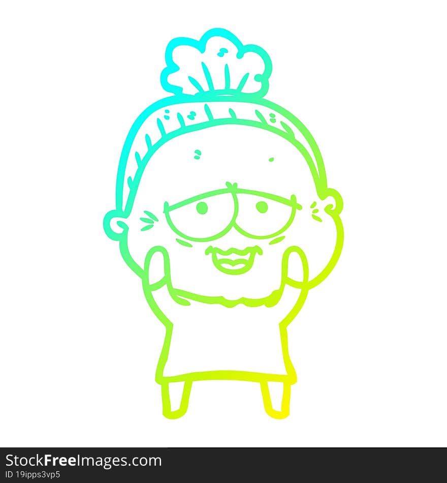 cold gradient line drawing of a cartoon happy old lady