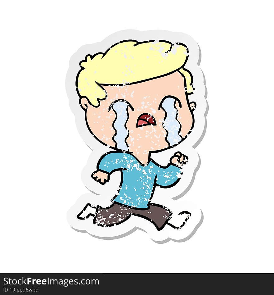 distressed sticker of a cartoon man crying