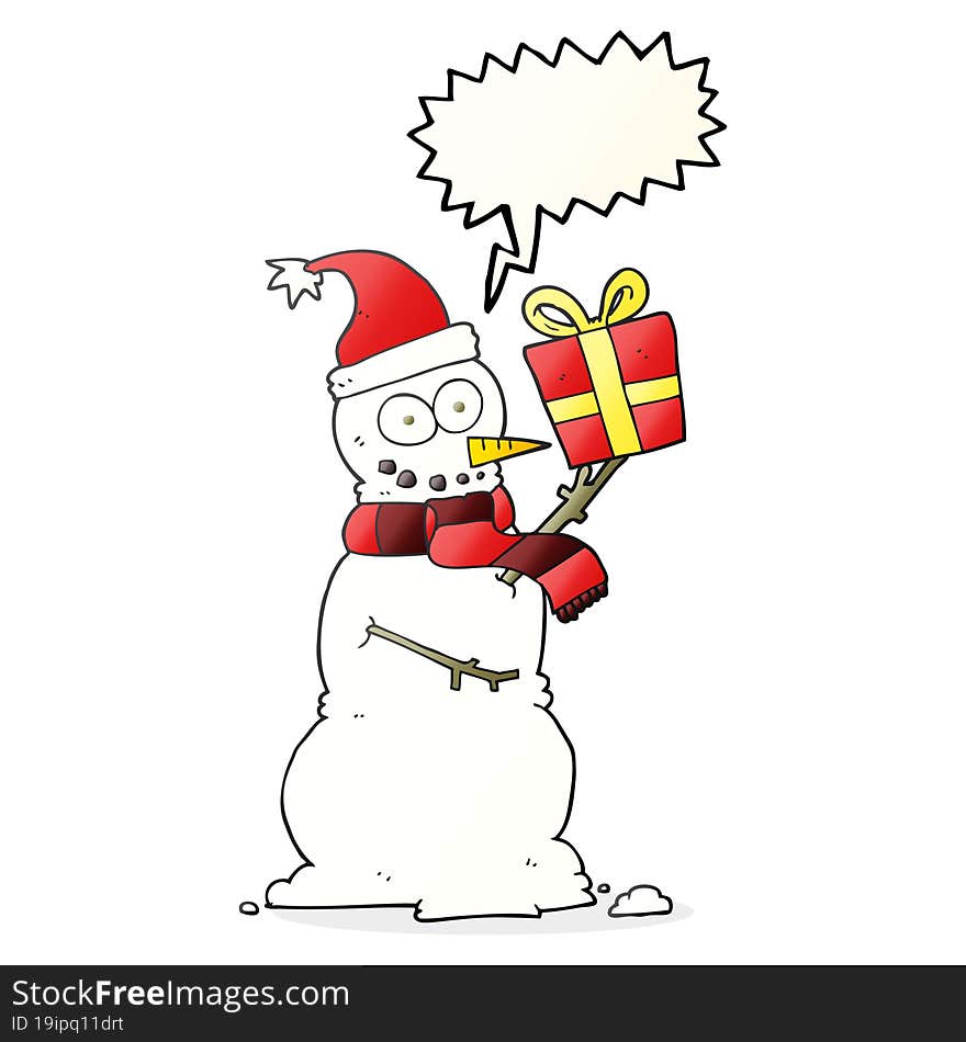 freehand drawn speech bubble cartoon snowman holding present