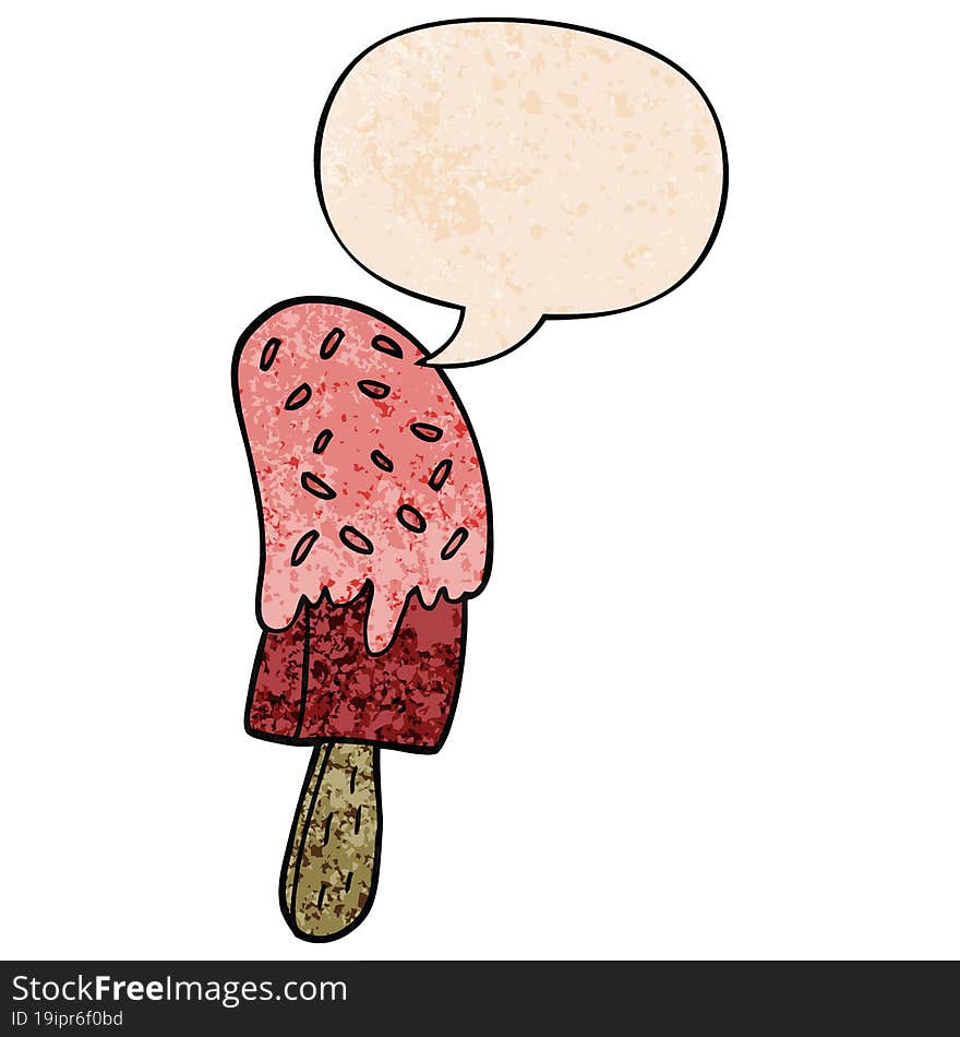 cartoon ice cream lolly and speech bubble in retro texture style