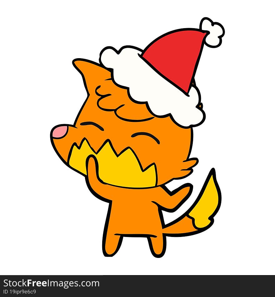 line drawing of a fox wearing santa hat