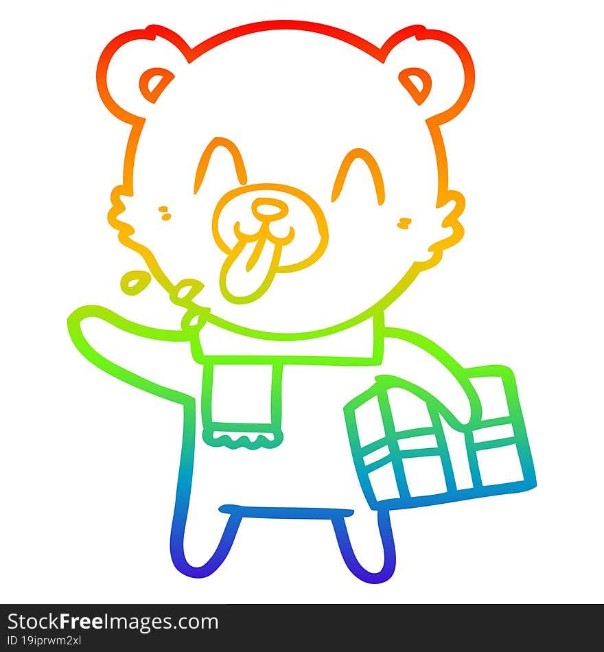 rainbow gradient line drawing rude cartoon bear with present