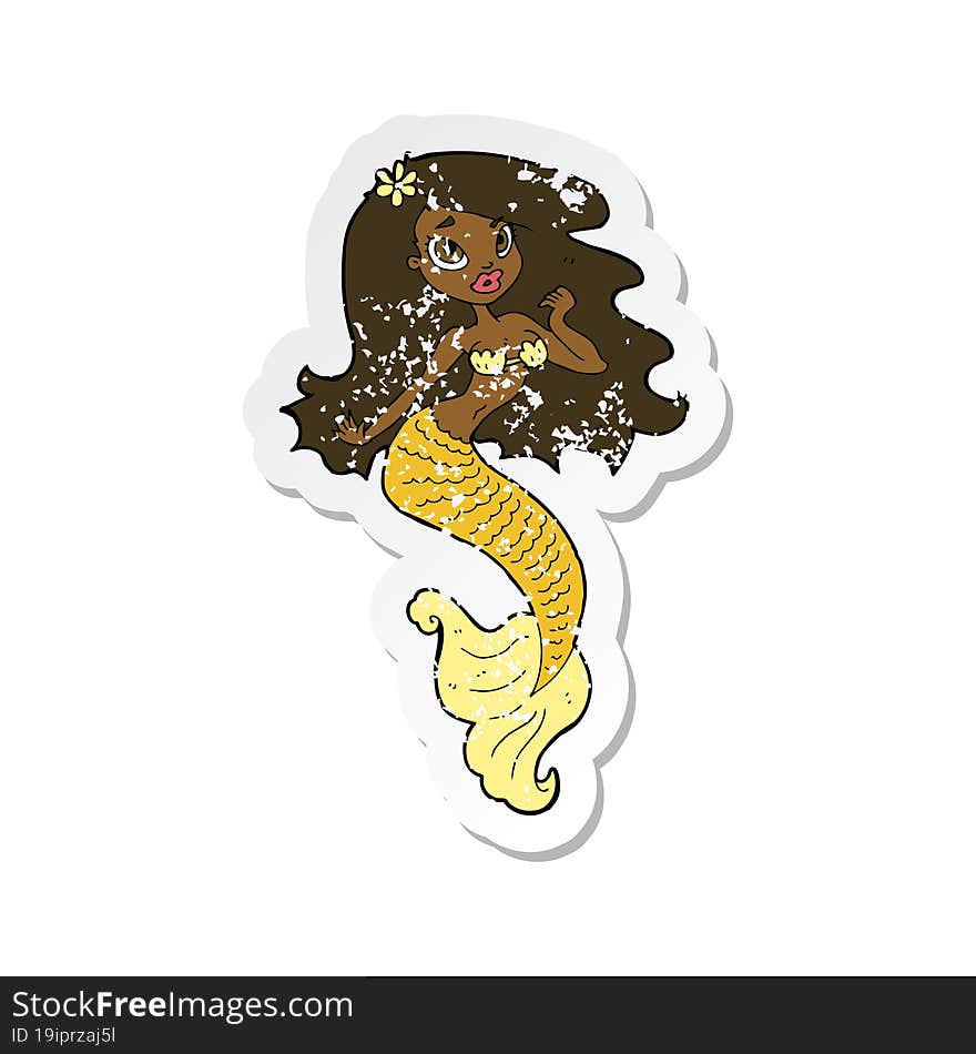 retro distressed sticker of a cartoon pretty mermaid