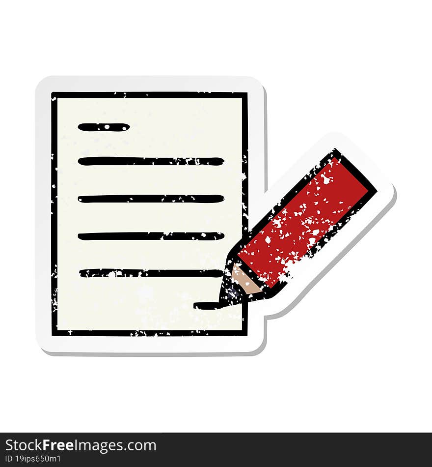 distressed sticker of a cute cartoon of writing a document