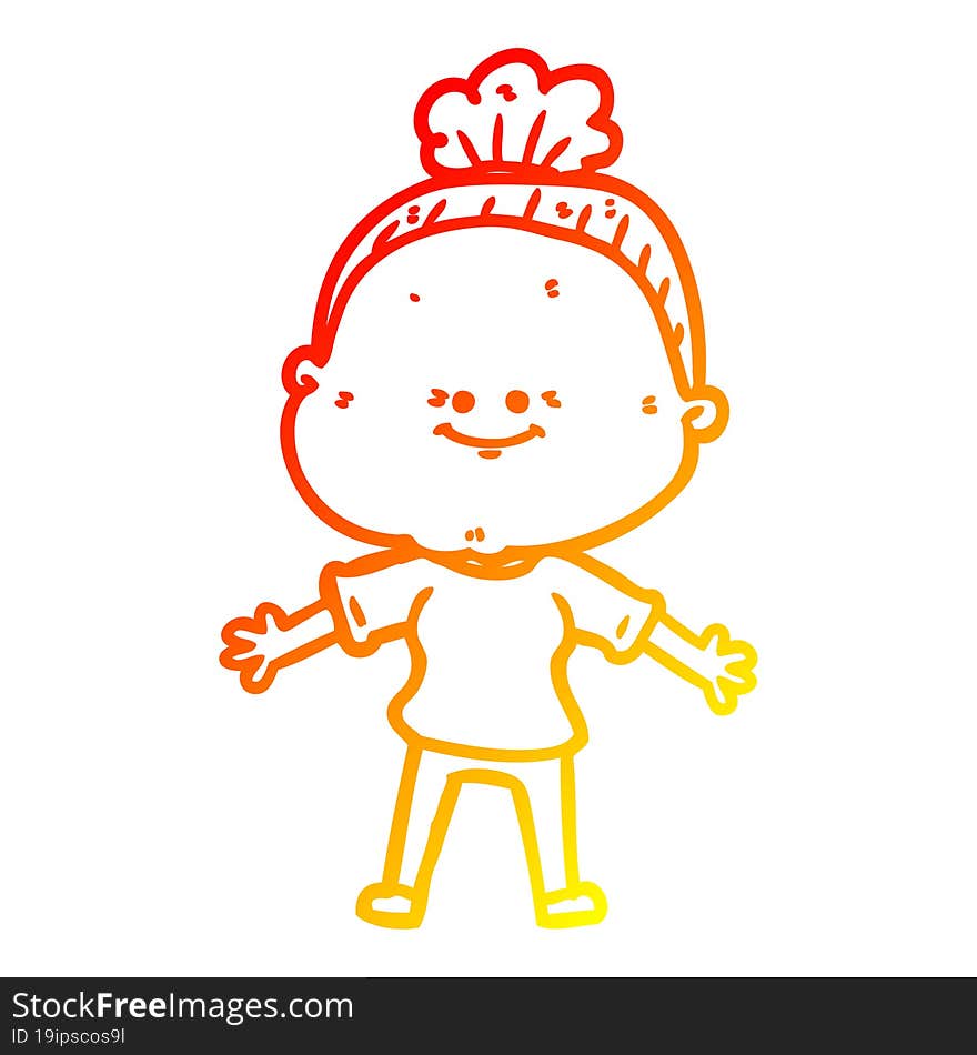 warm gradient line drawing of a cartoon happy old woman