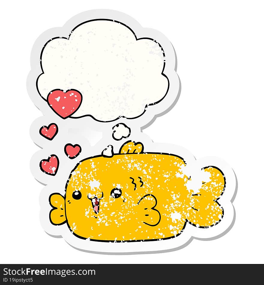 cute cartoon fish with love hearts and thought bubble as a distressed worn sticker