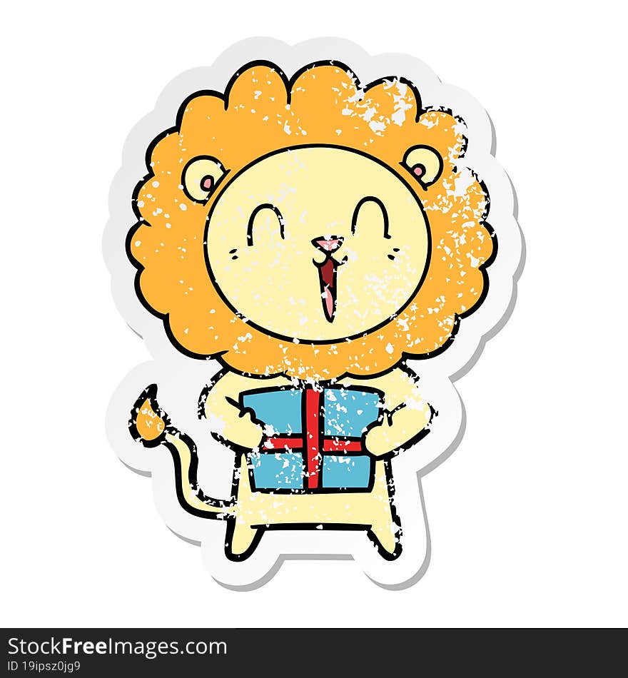 distressed sticker of a laughing lion cartoon with christmas present