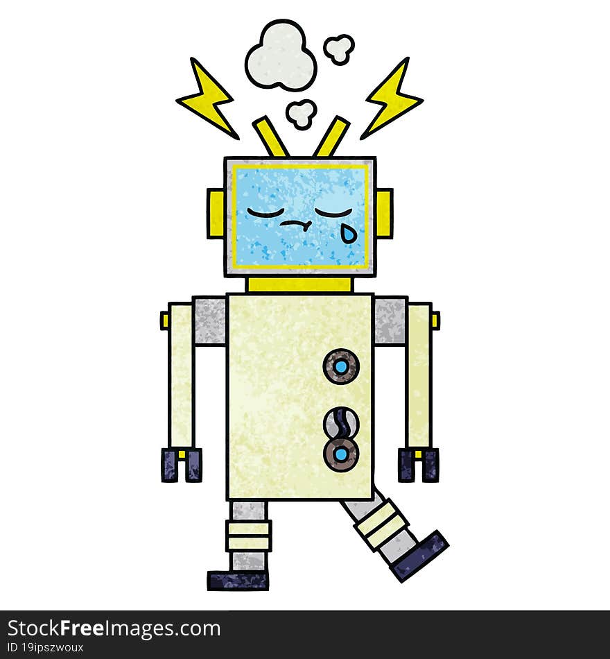 retro grunge texture cartoon of a crying robot