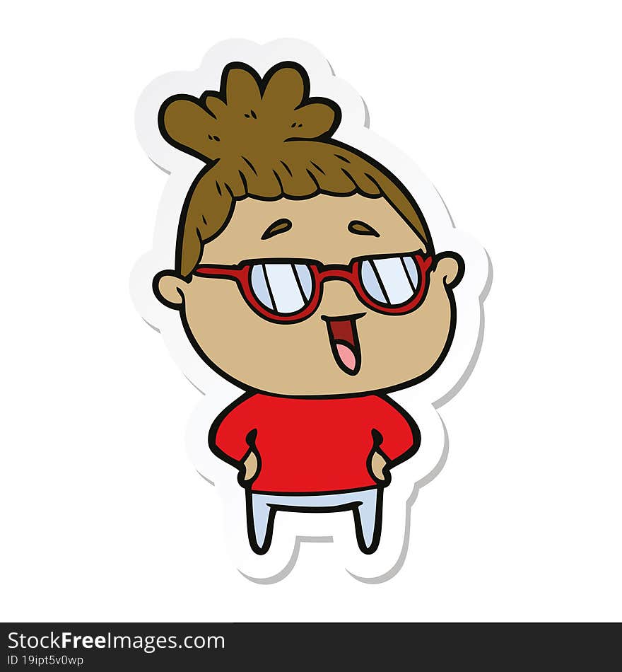 sticker of a cartoon happy woman wearing spectacles