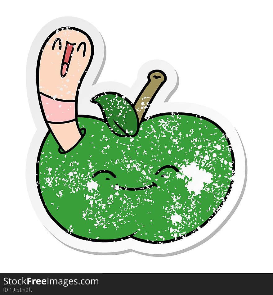 distressed sticker of a cartoon happy worm in an apple