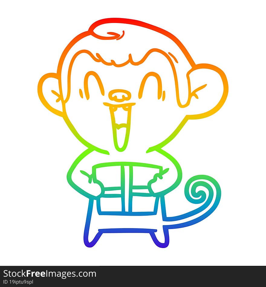 rainbow gradient line drawing of a cartoon laughing monkey