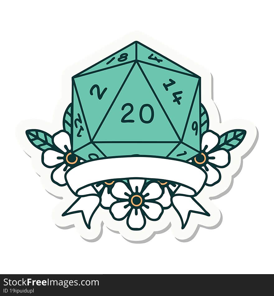 sticker of a natural 20 critical hit D20 dice roll. sticker of a natural 20 critical hit D20 dice roll