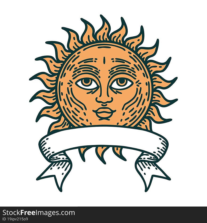 traditional tattoo with banner of a sun with face