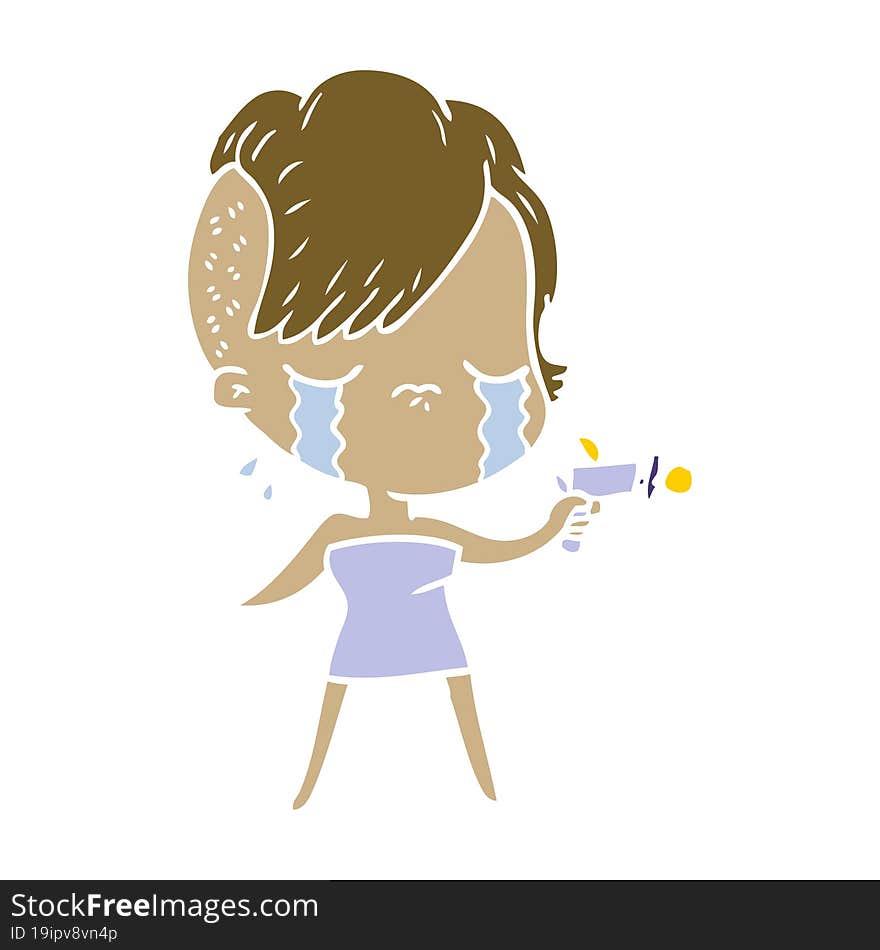 flat color style cartoon crying girl pointing ray gun