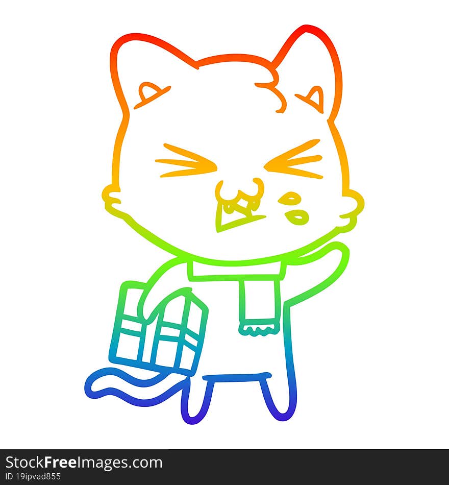 rainbow gradient line drawing of a cartoon cat hissing