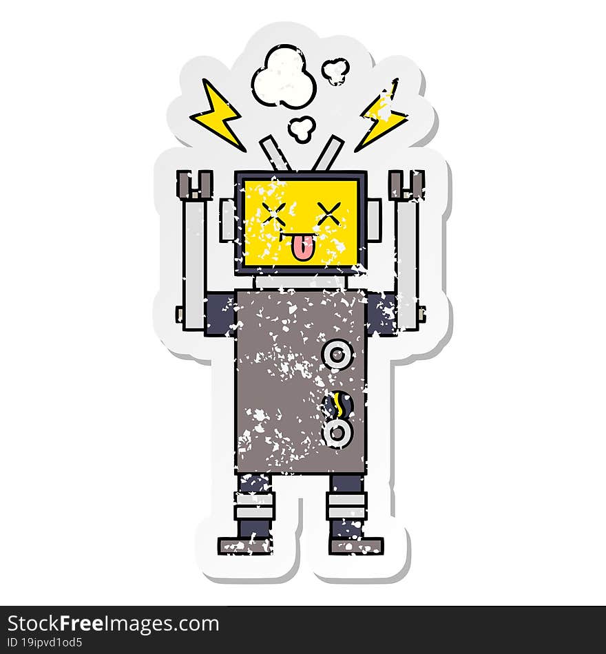 Distressed Sticker Of A Cute Cartoon Malfunctioning Robot