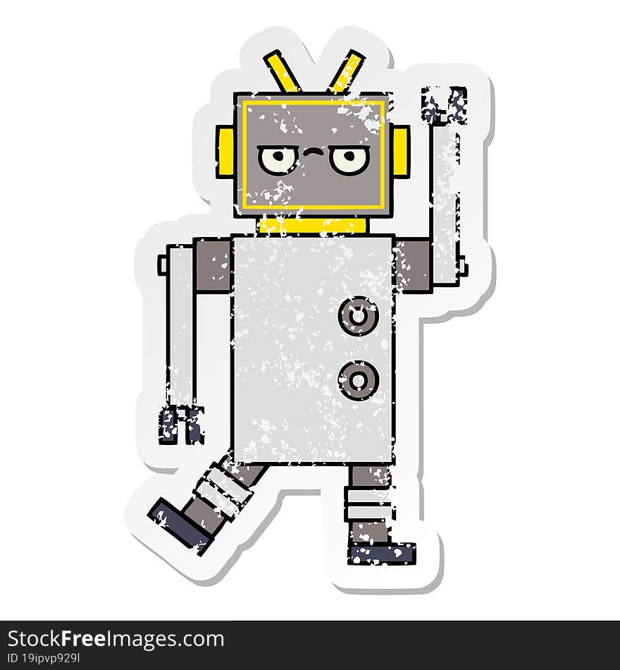 Distressed Sticker Of A Cute Cartoon Annoyed Robot