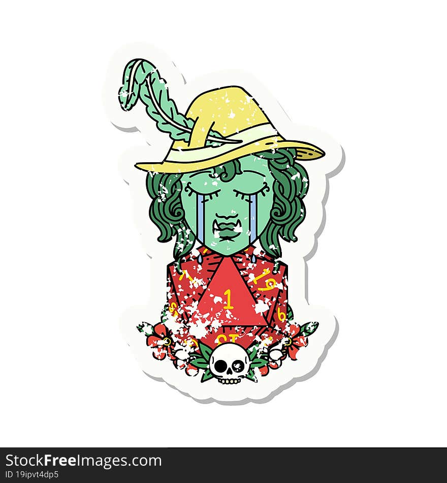 Crying Bard Orc Bard Character With Natural One D20 Roll Grunge Sticker