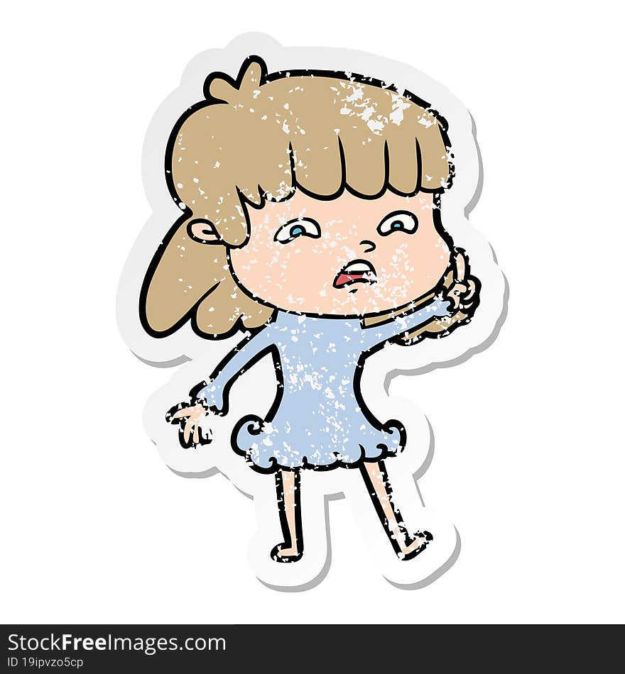 distressed sticker of a cartoon worried woman