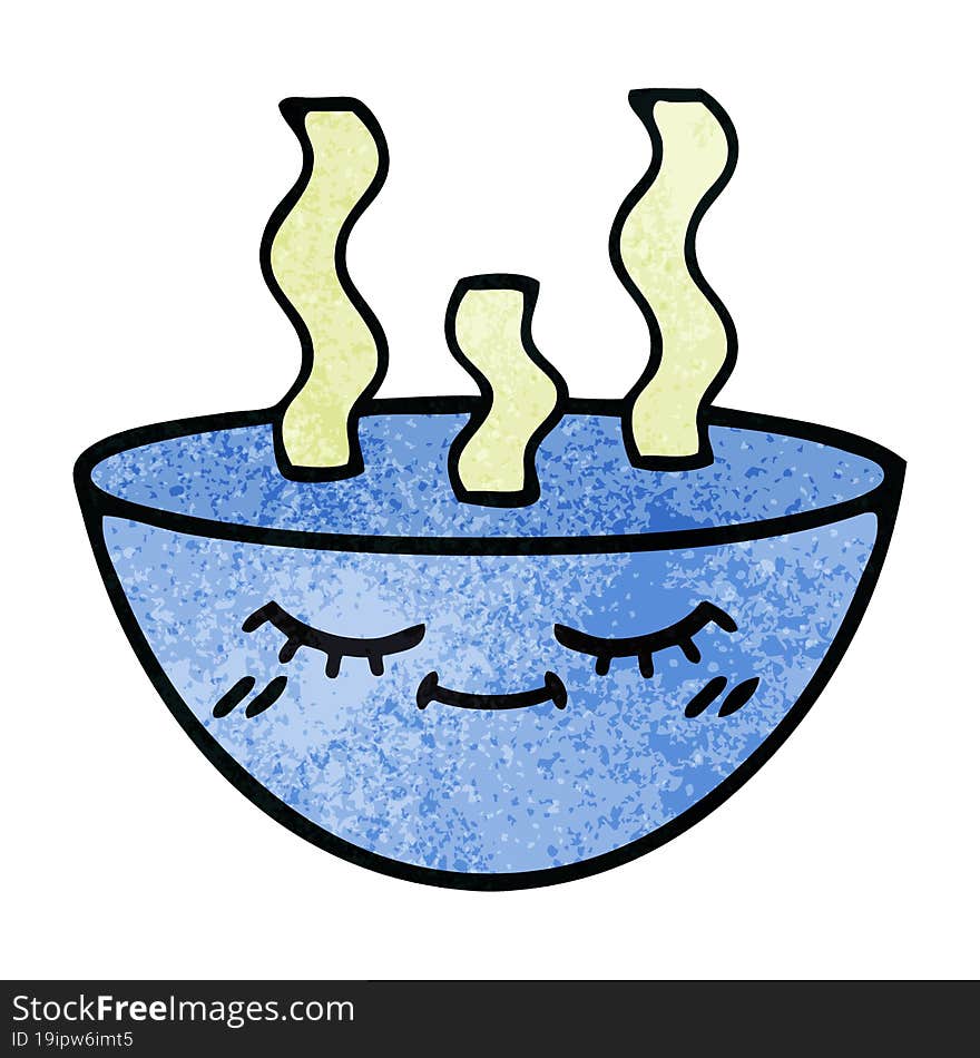 retro grunge texture cartoon of a bowl of hot soup