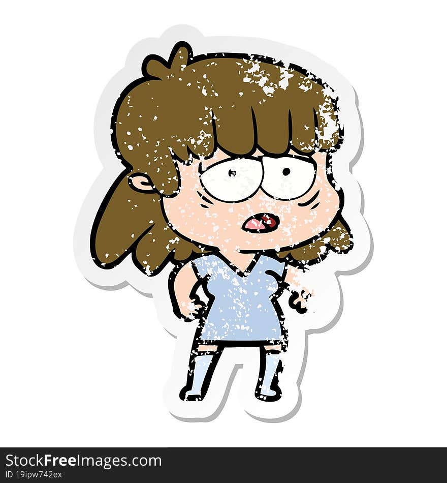 distressed sticker of a cartoon tired woman