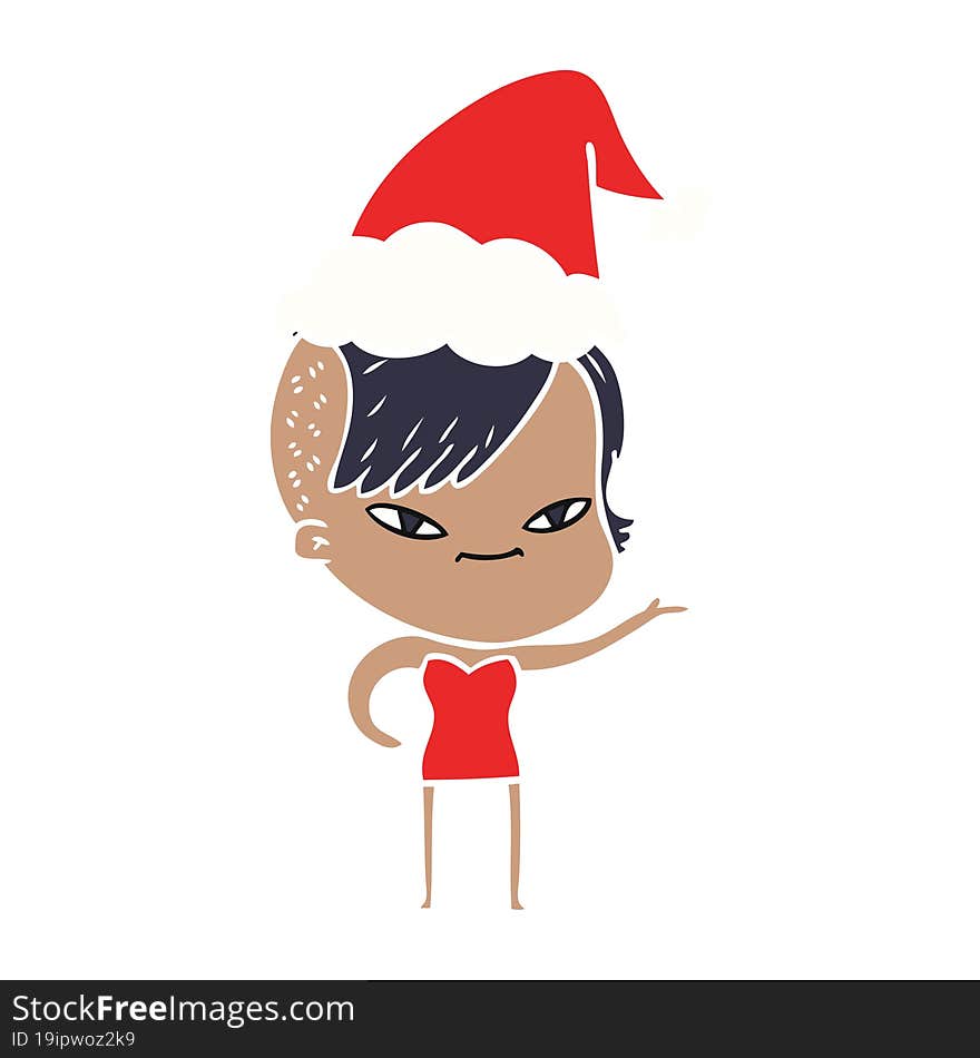 cute flat color illustration of a girl with hipster haircut wearing santa hat