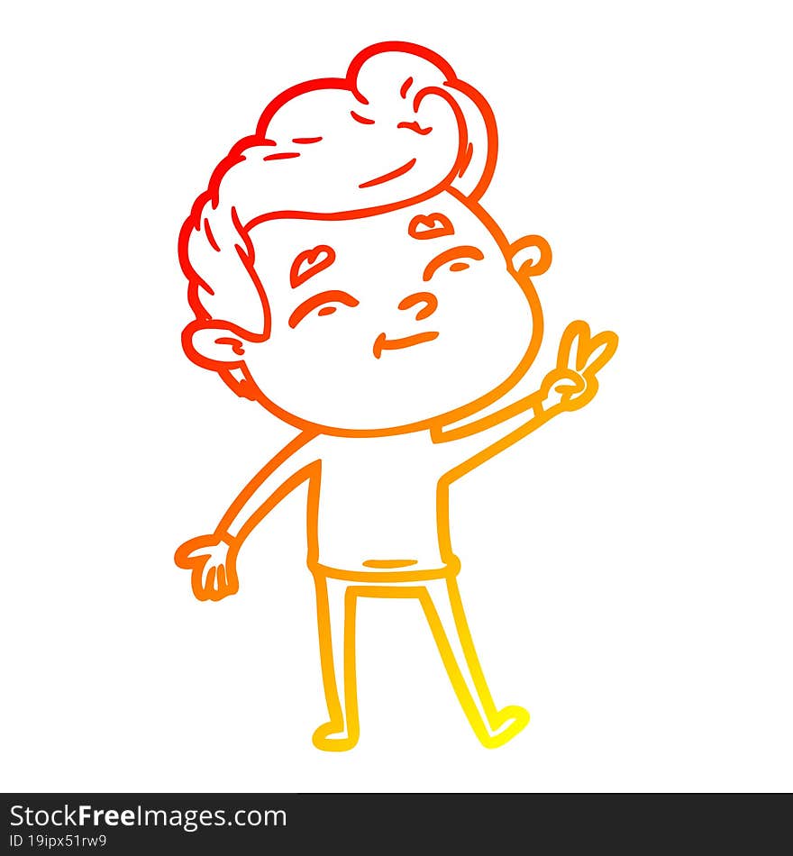 warm gradient line drawing of a happy cartoon man giving a peace sign